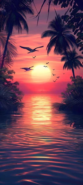 serene seasons wallpaper — tree, bird, palm tree, sunset (free 4K phone download)