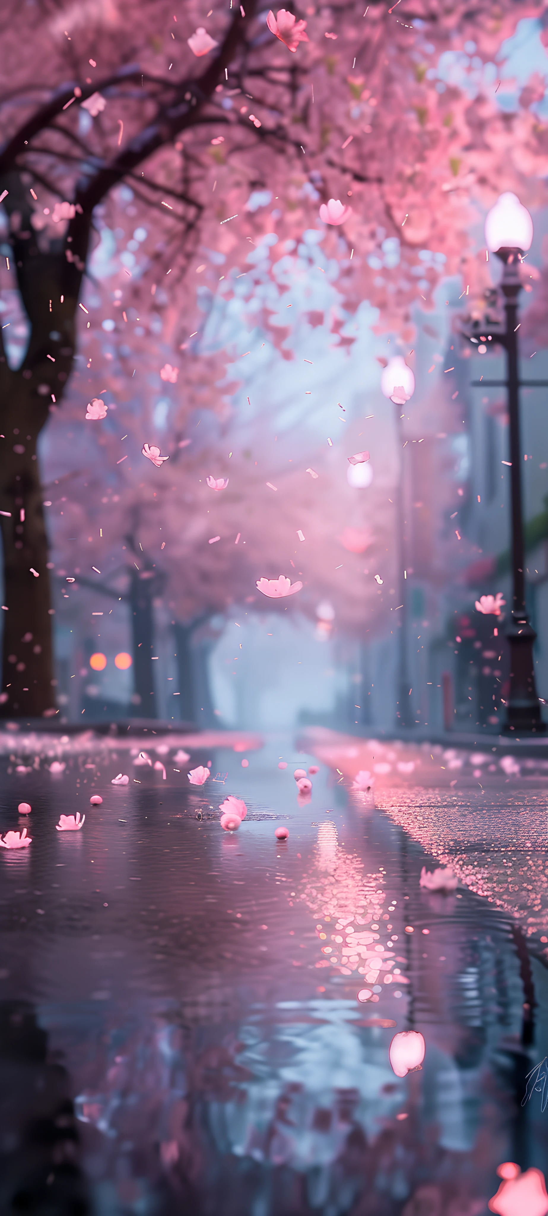 dreamy seasons wallpaper — cherry blossoms, scenery, reflection, lamppost (free 4K phone download)