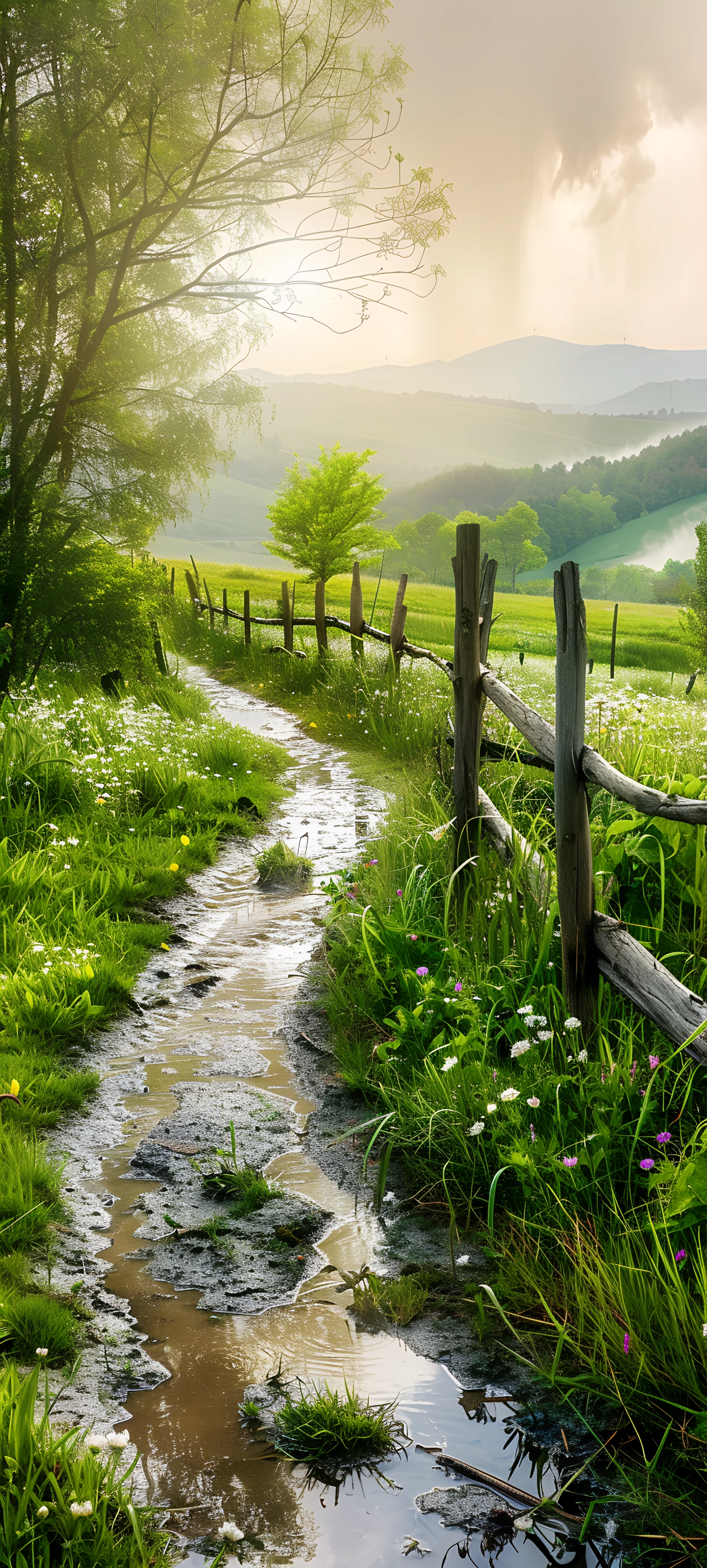whimsical seasons wallpaper — scenery, grass, tree, fence (free 4K phone download)