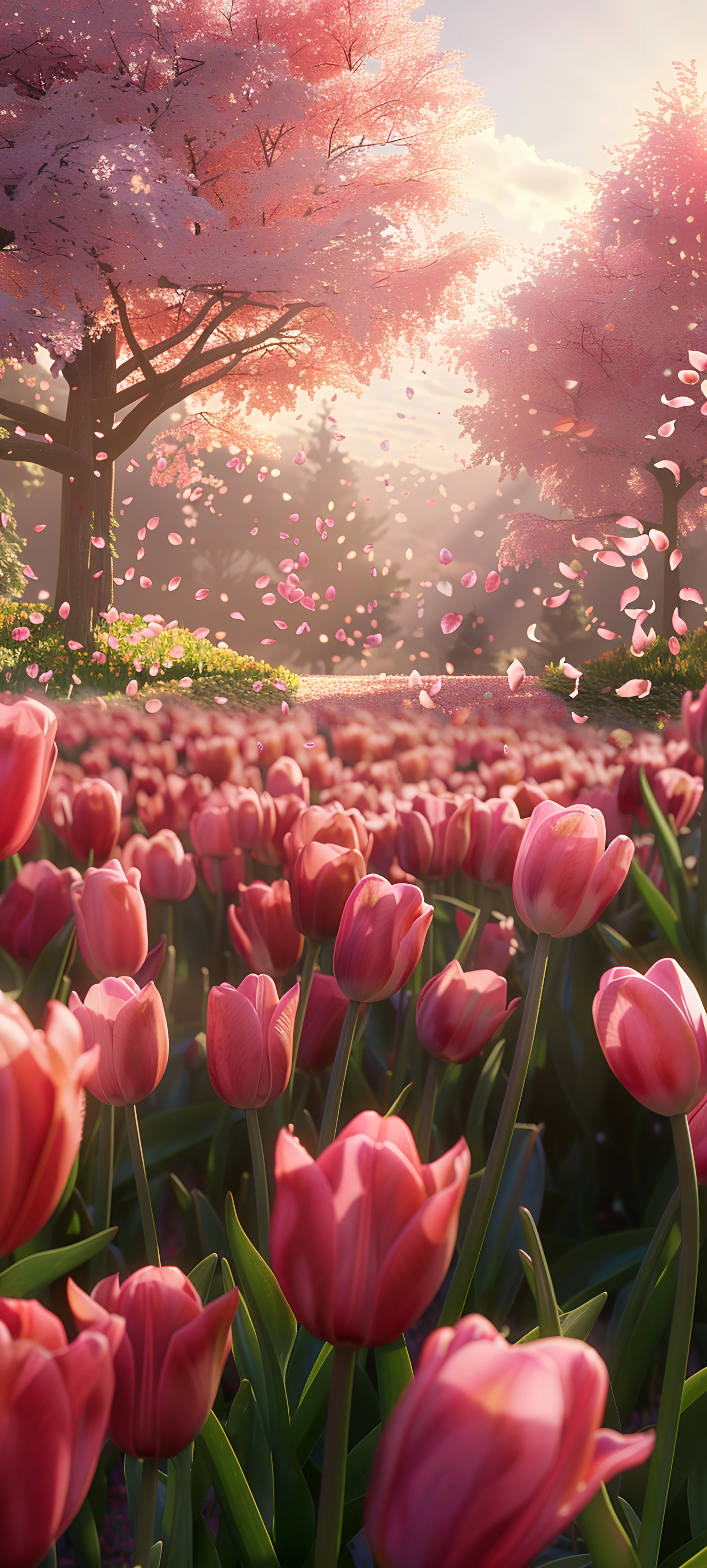 romantic seasons wallpaper — flower, scenery, tree, petals (free 4K phone download)