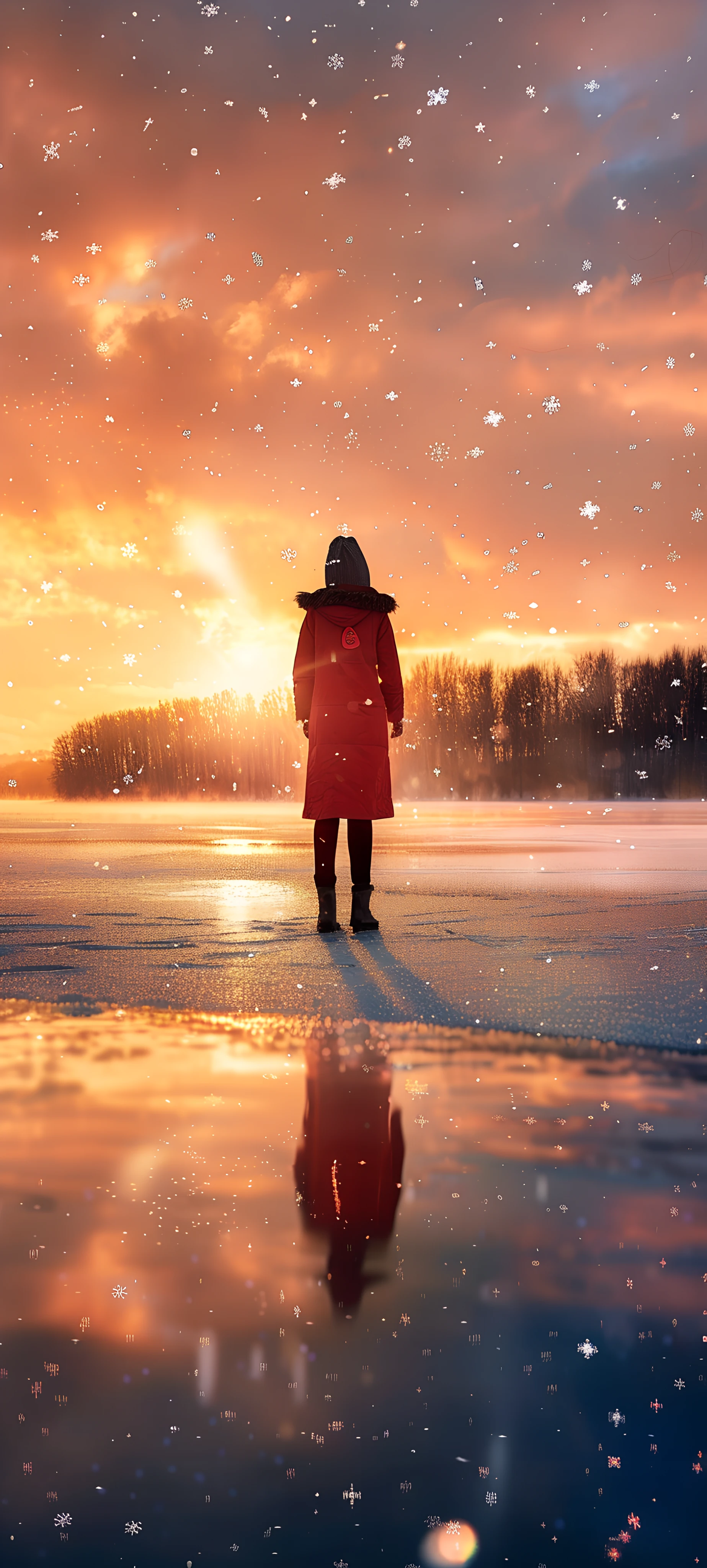 serene anime girl wallpaper — reflection, sky, snow, snowing (free 4K phone download)
