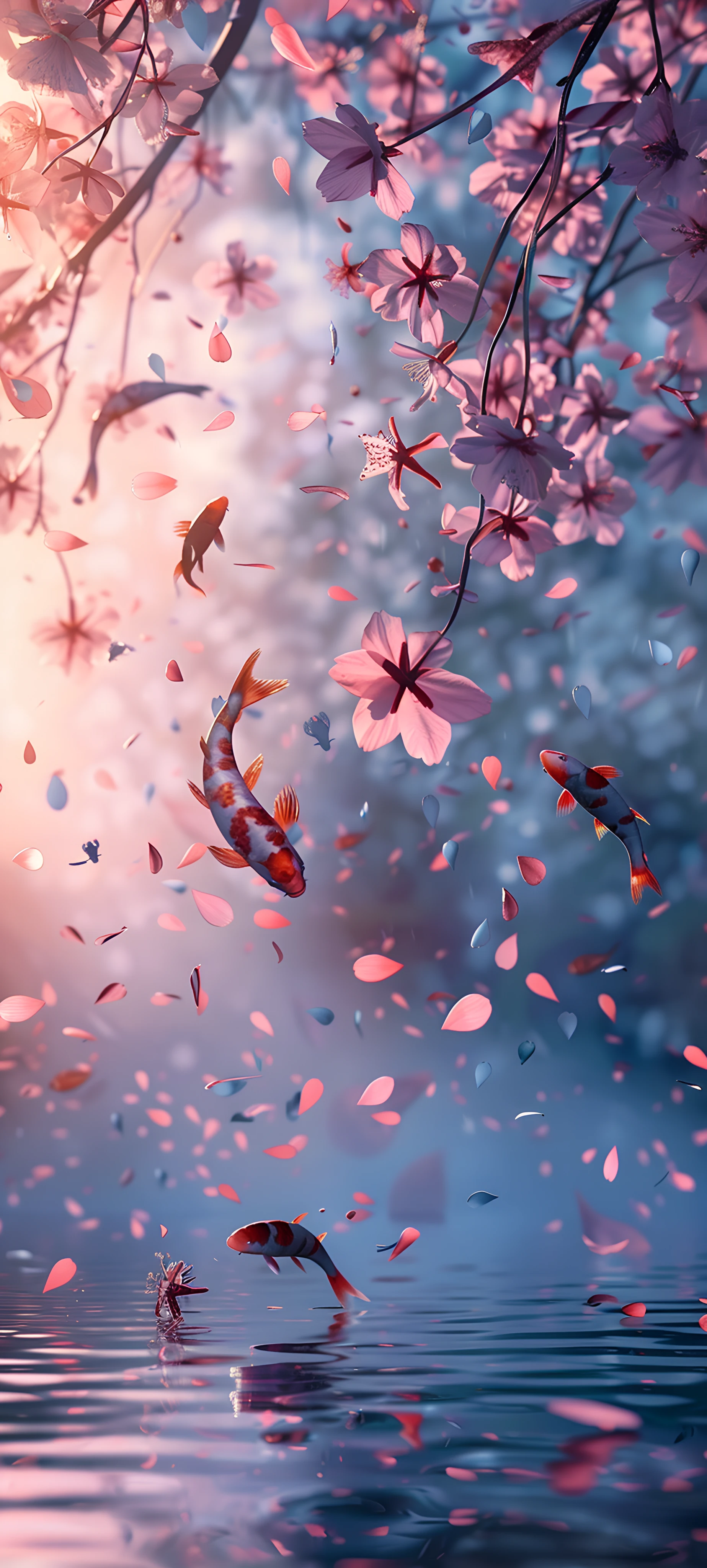 dreamy anime girl wallpaper — cherry blossoms, fish, petals, scenery (free 4K phone download)