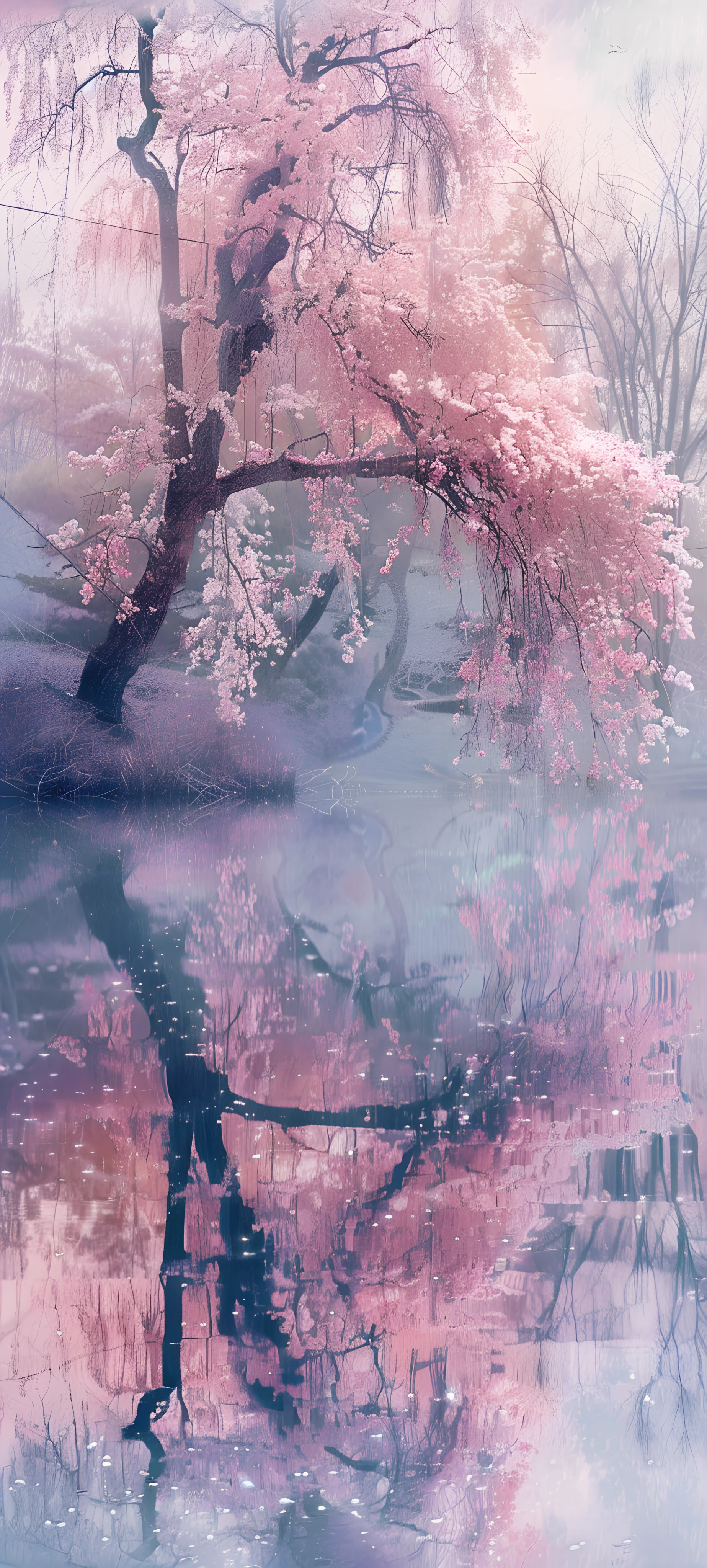 painterly seasons wallpaper — cherry blossoms, tree, scenery, reflection (free 4K phone download)