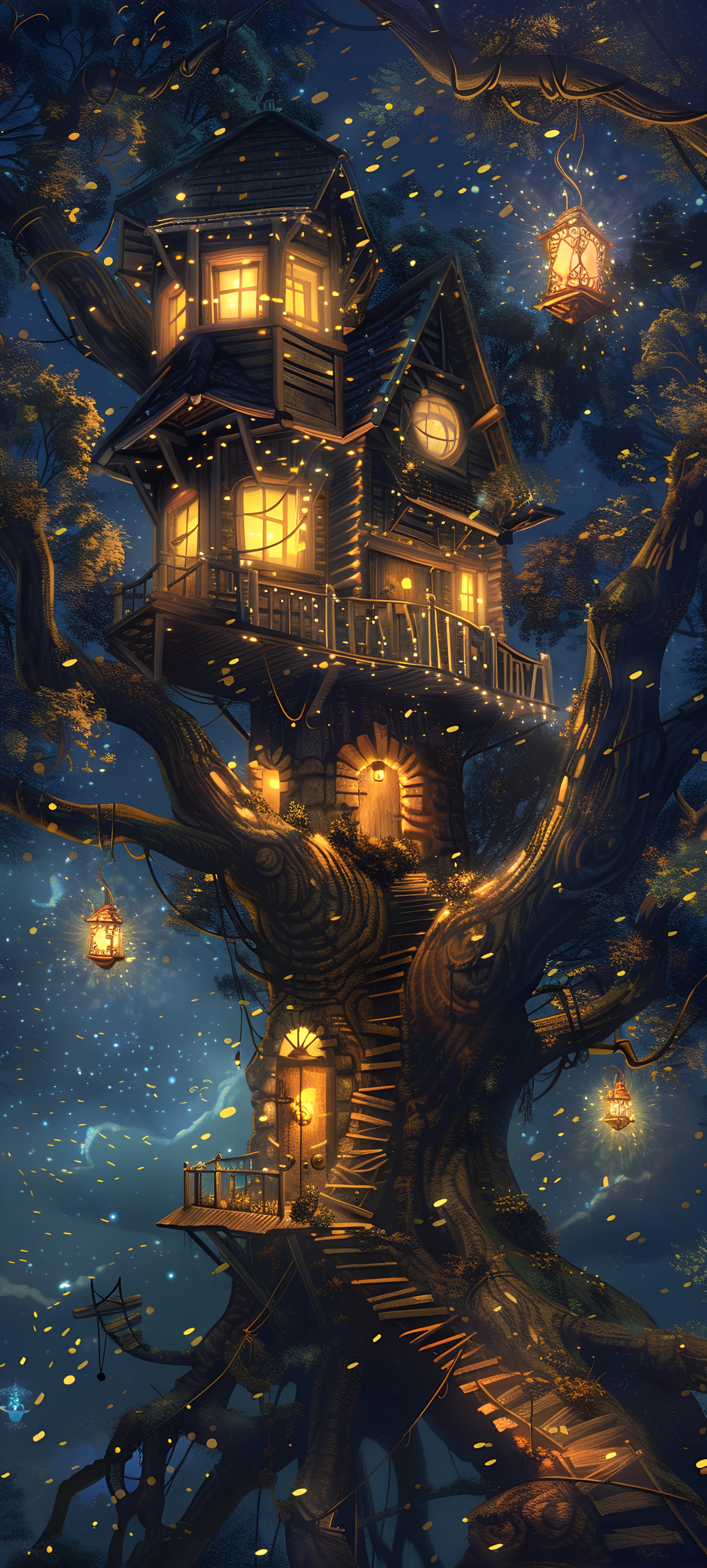 magical seasons wallpaper — tree, night, scenery, lantern (free 4K phone download)