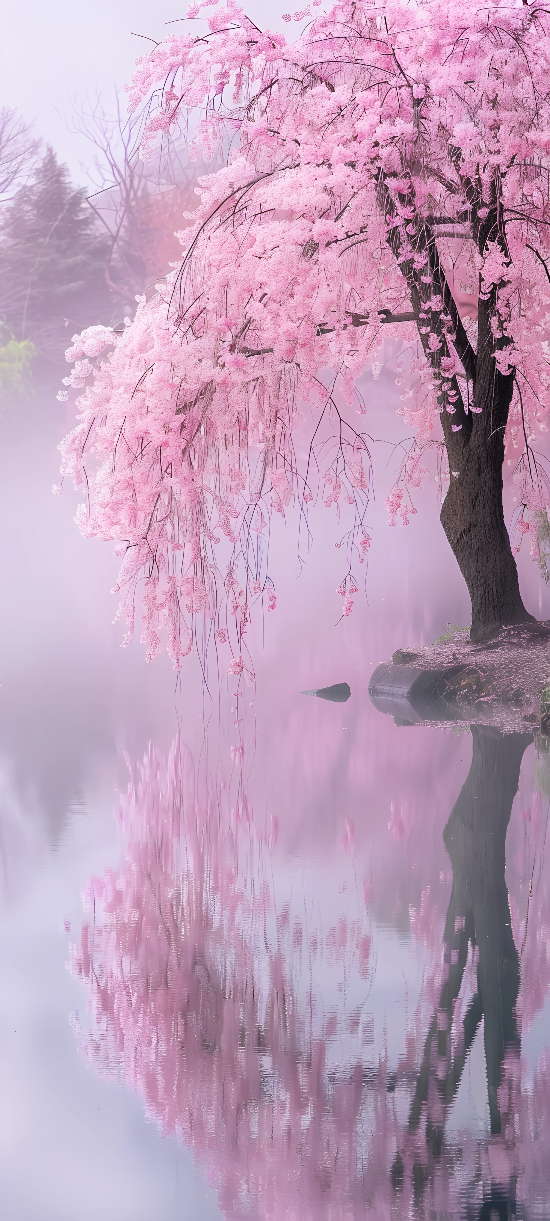 serene seasons wallpaper — cherry blossoms, tree, scenery, reflection (free 4K phone download)