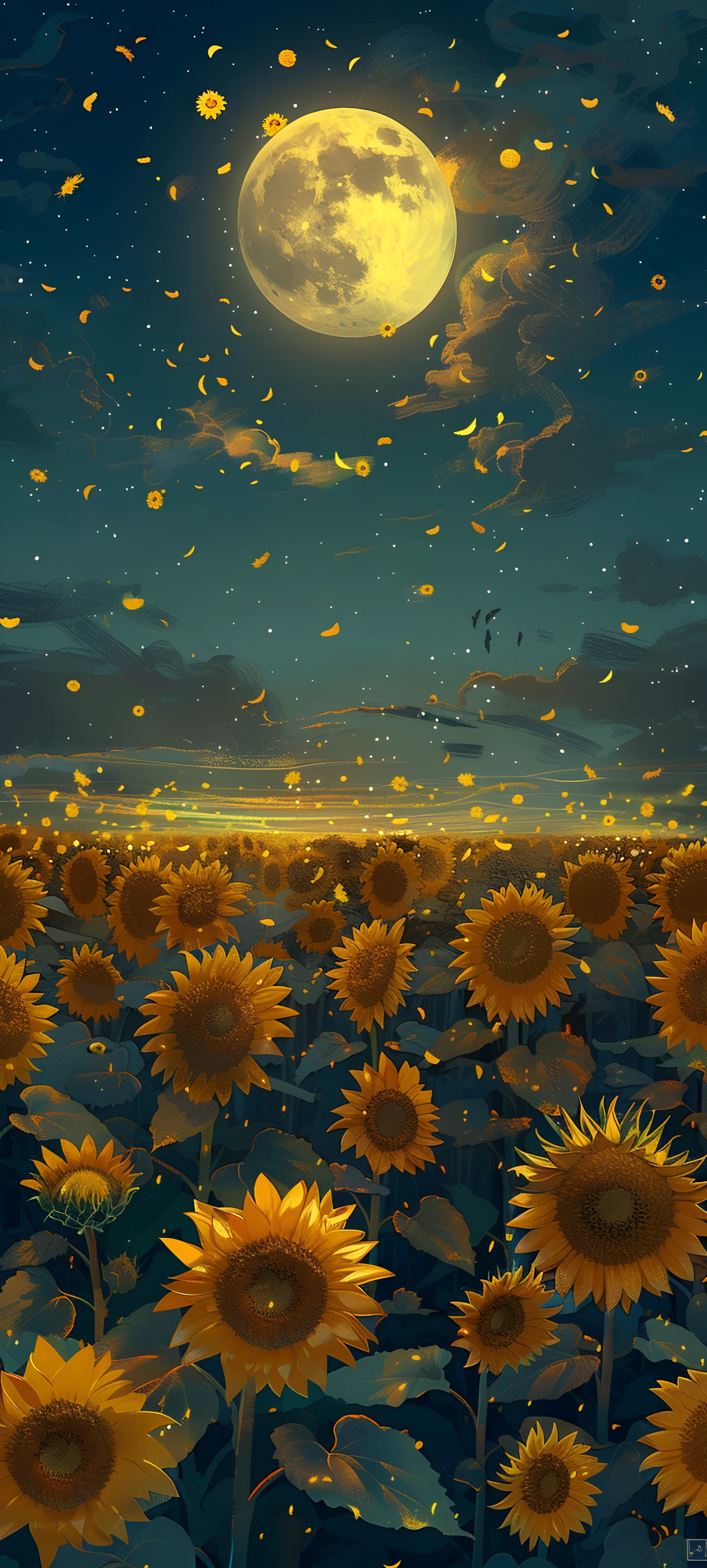 whimsical seasons wallpaper — flower, sunflower, moon, sky (free 4K phone download)
