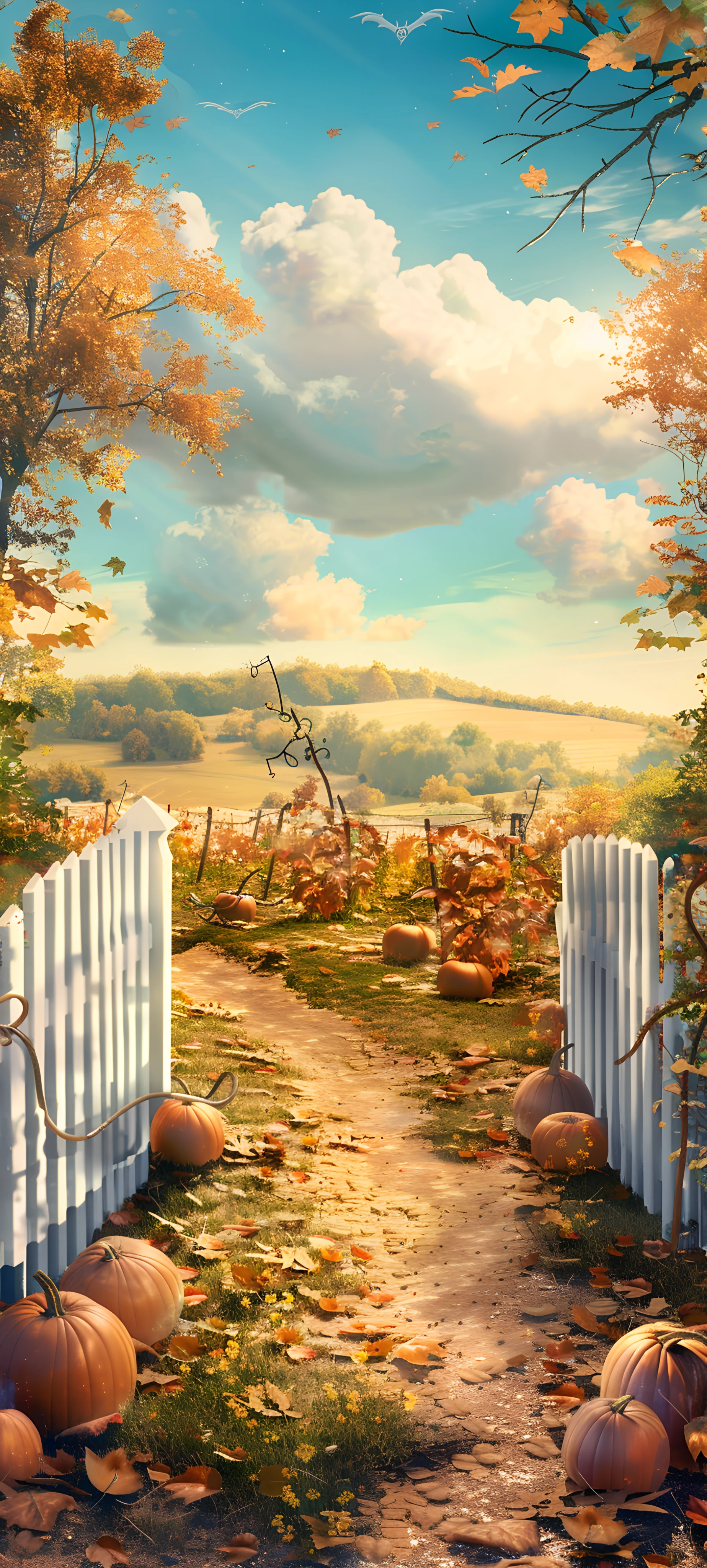 whimsical seasons wallpaper — sky, pumpkin, cloud, scenery (free 4K phone download)