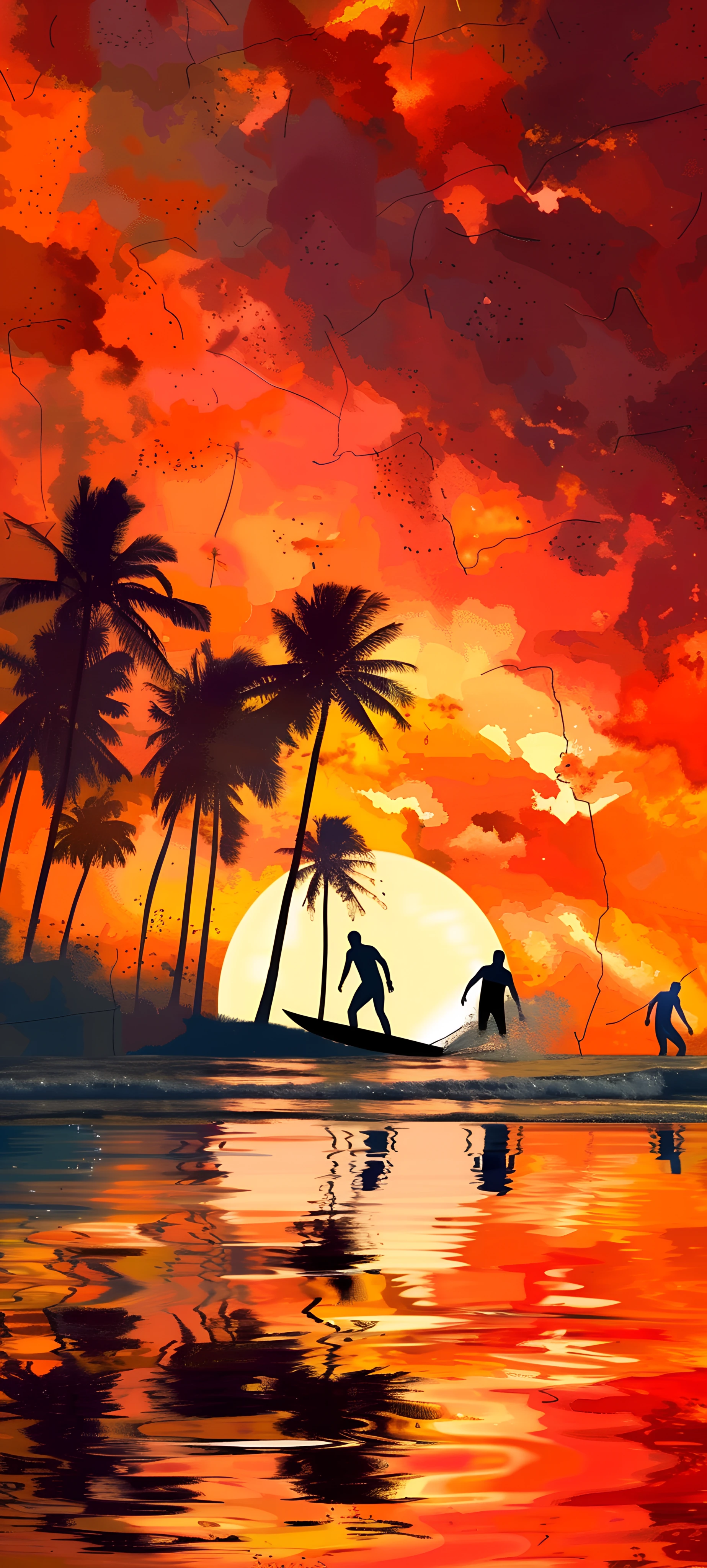 painterly seasons wallpaper — silhouette, tree, reflection, sun (free 4K phone download)