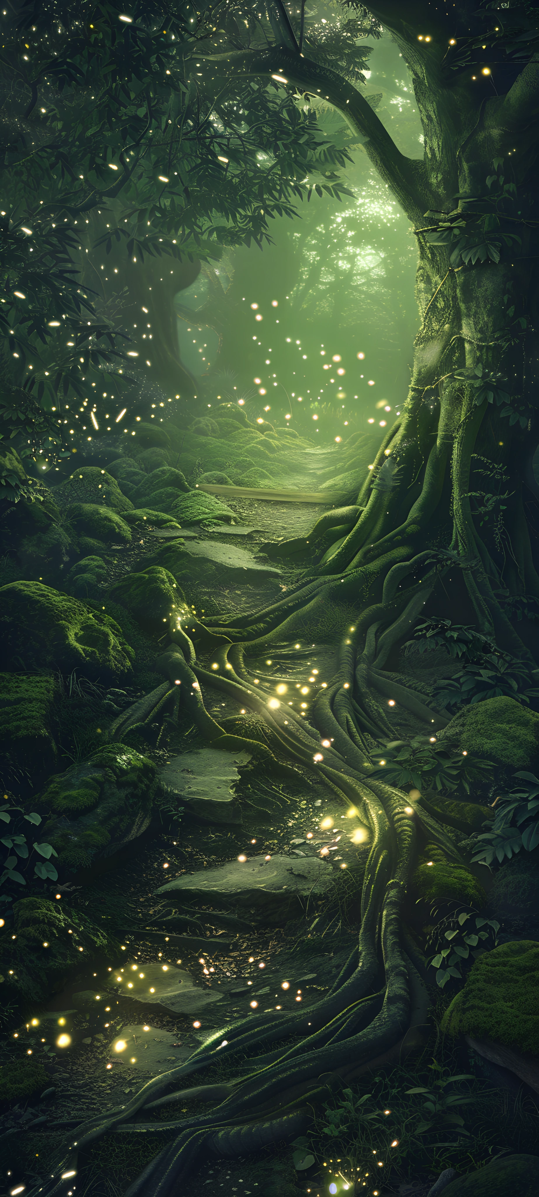 magical seasons wallpaper — scenery, nature, tree, fireflies (free 4K phone download)