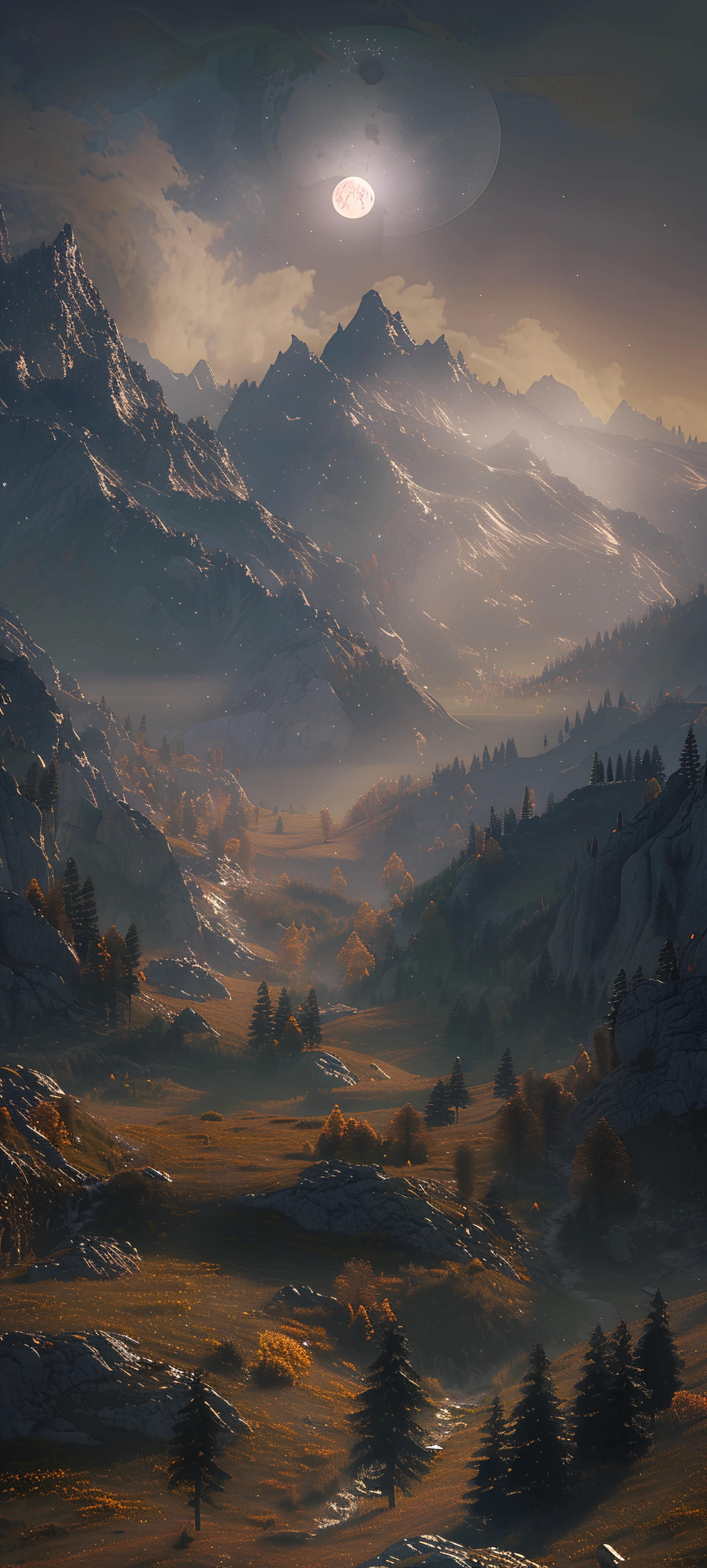 serene seasons wallpaper — scenery, mountain, moon, tree (free 4K phone download)