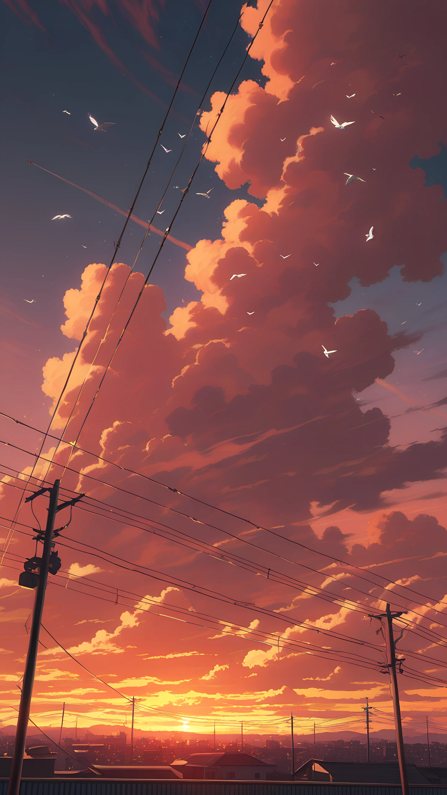 Anime Wallpaper Rooftop Powerlines Sunset 1440×2560 anime wallpaper