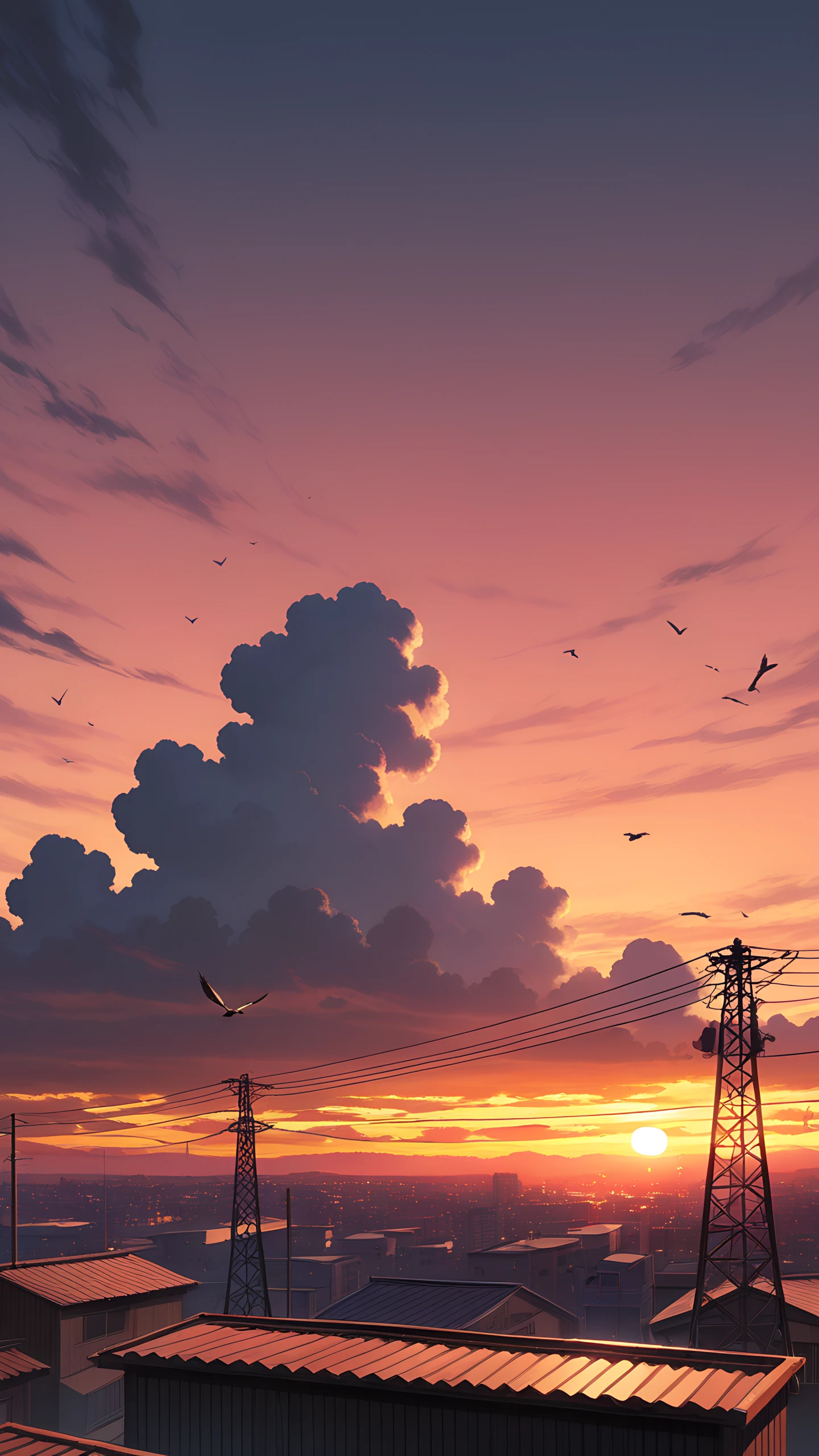 Anime Wallpaper Rooftop Powerlines Sunset 1440×2560 anime wallpaper