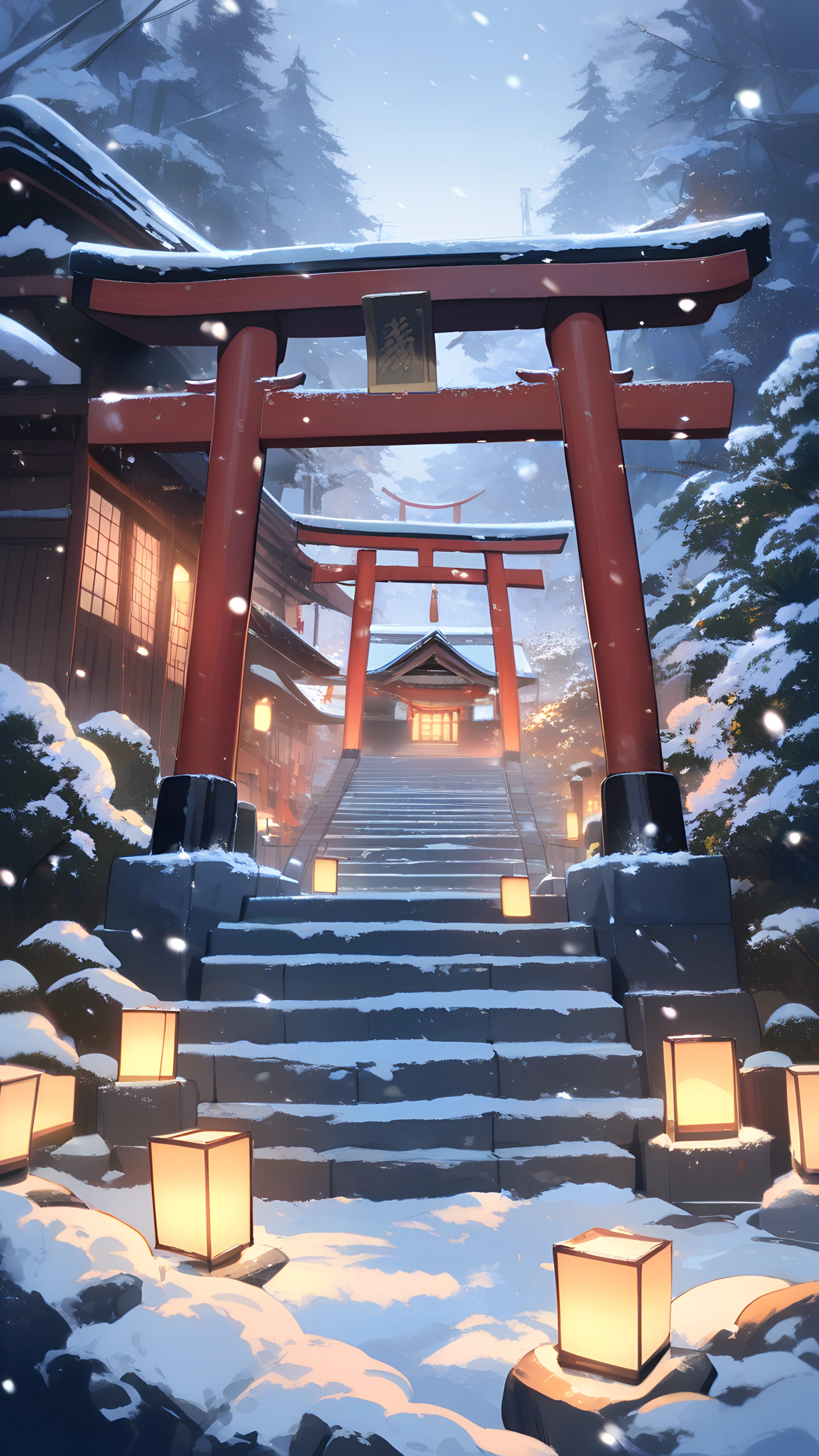 Anime Wallpaper Snow Shrine Lanterns 1440×2560 anime wallpaper