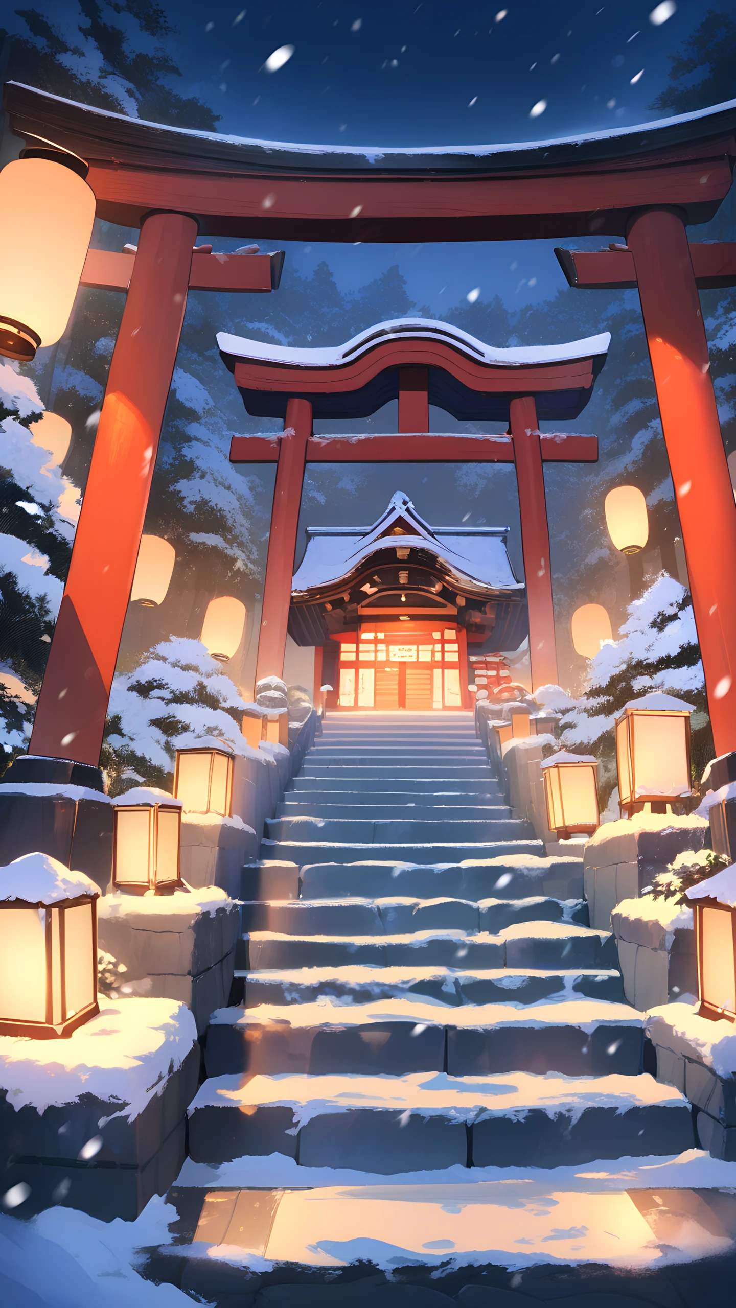 Anime Wallpaper Snow Shrine Lanterns 1440×2560 anime wallpaper