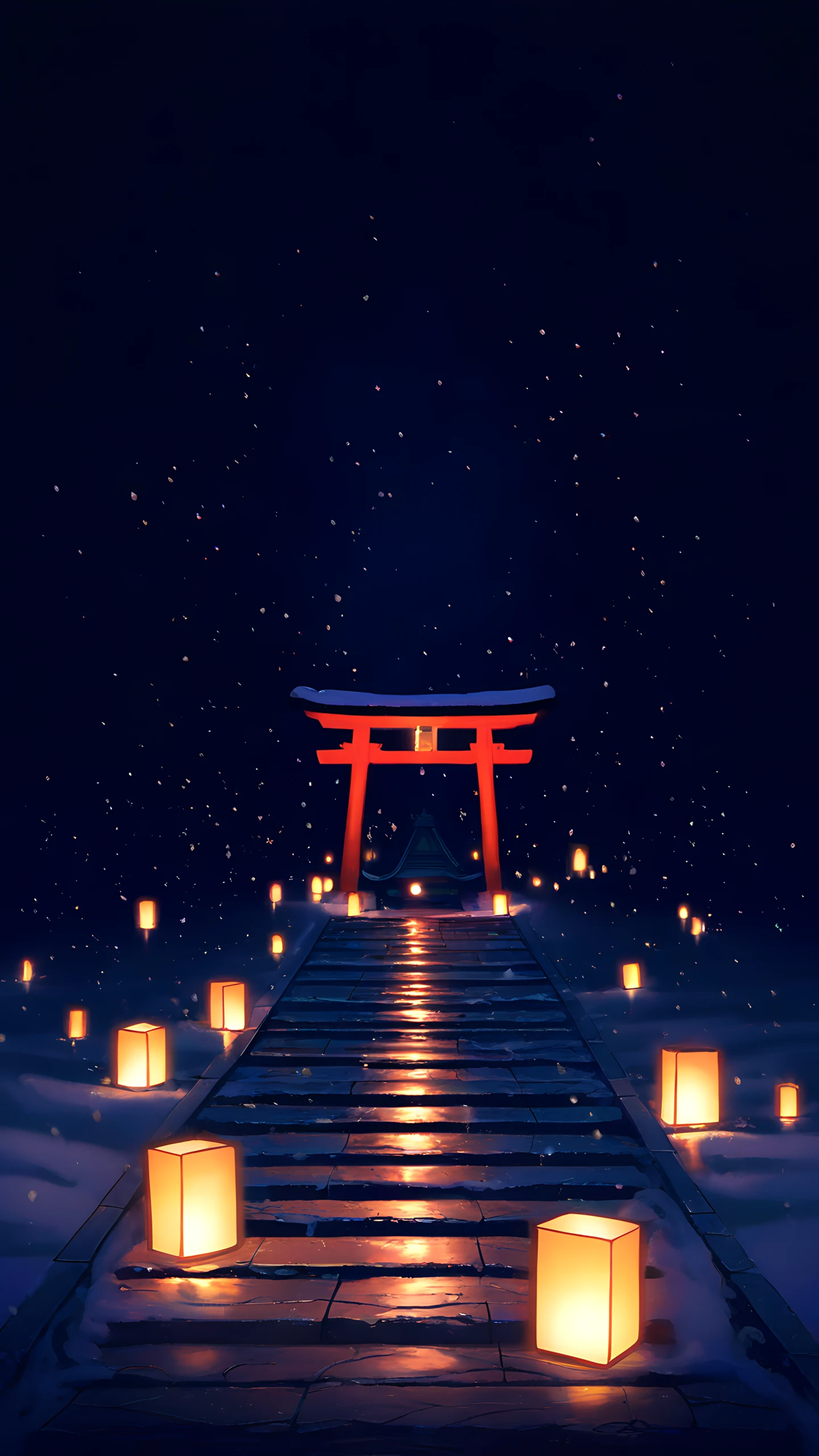 Anime Wallpaper Snow Shrine Lanterns 1440×2560 anime wallpaper