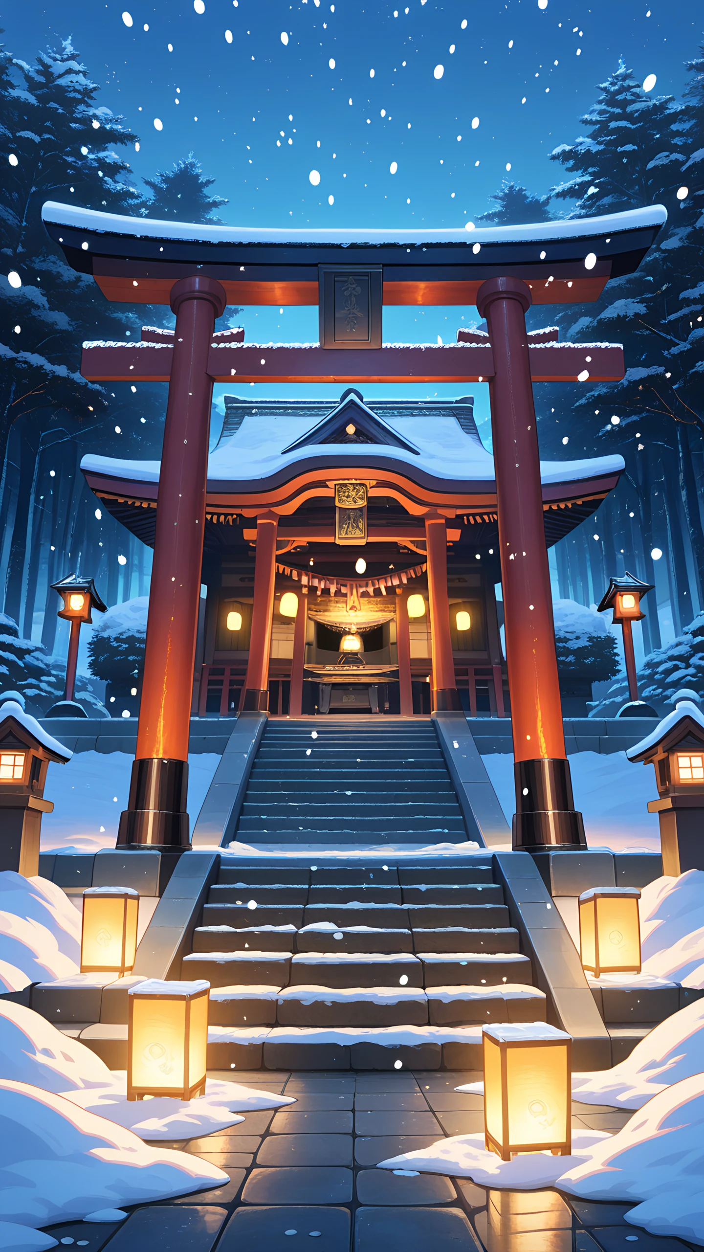 Anime Wallpaper Snow Shrine Lanterns 1440×2560 anime wallpaper