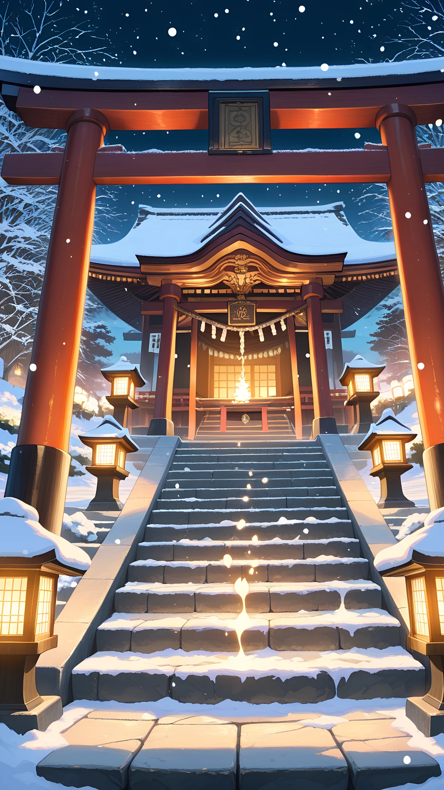 Anime Wallpaper Snow Shrine Lanterns 1440×2560 anime wallpaper