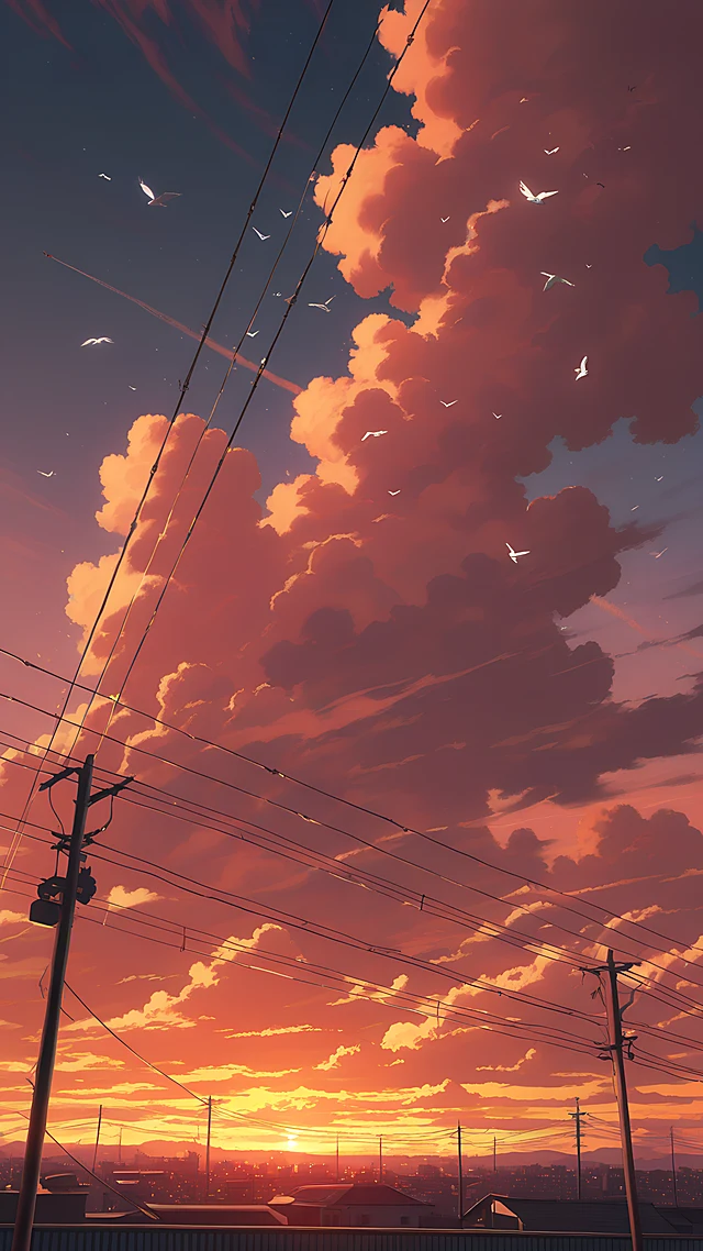 anime wallpaper rooftop powerlines sunset — 1440×2560