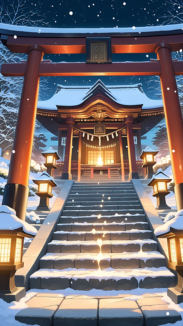anime wallpaper snow shrine lanterns — 1440×2560