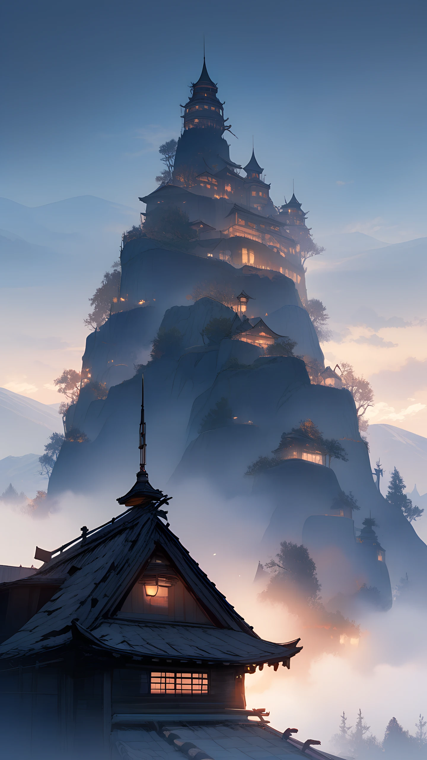 Anime Wallpaper Foggy Mountain Village 1440×2560 anime wallpaper